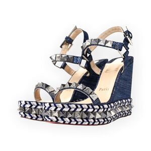 CHRISTIAN LOUBOUTIN Denim Lame Lux Pyraclou 110 Wedge Sandals |Size: 39|